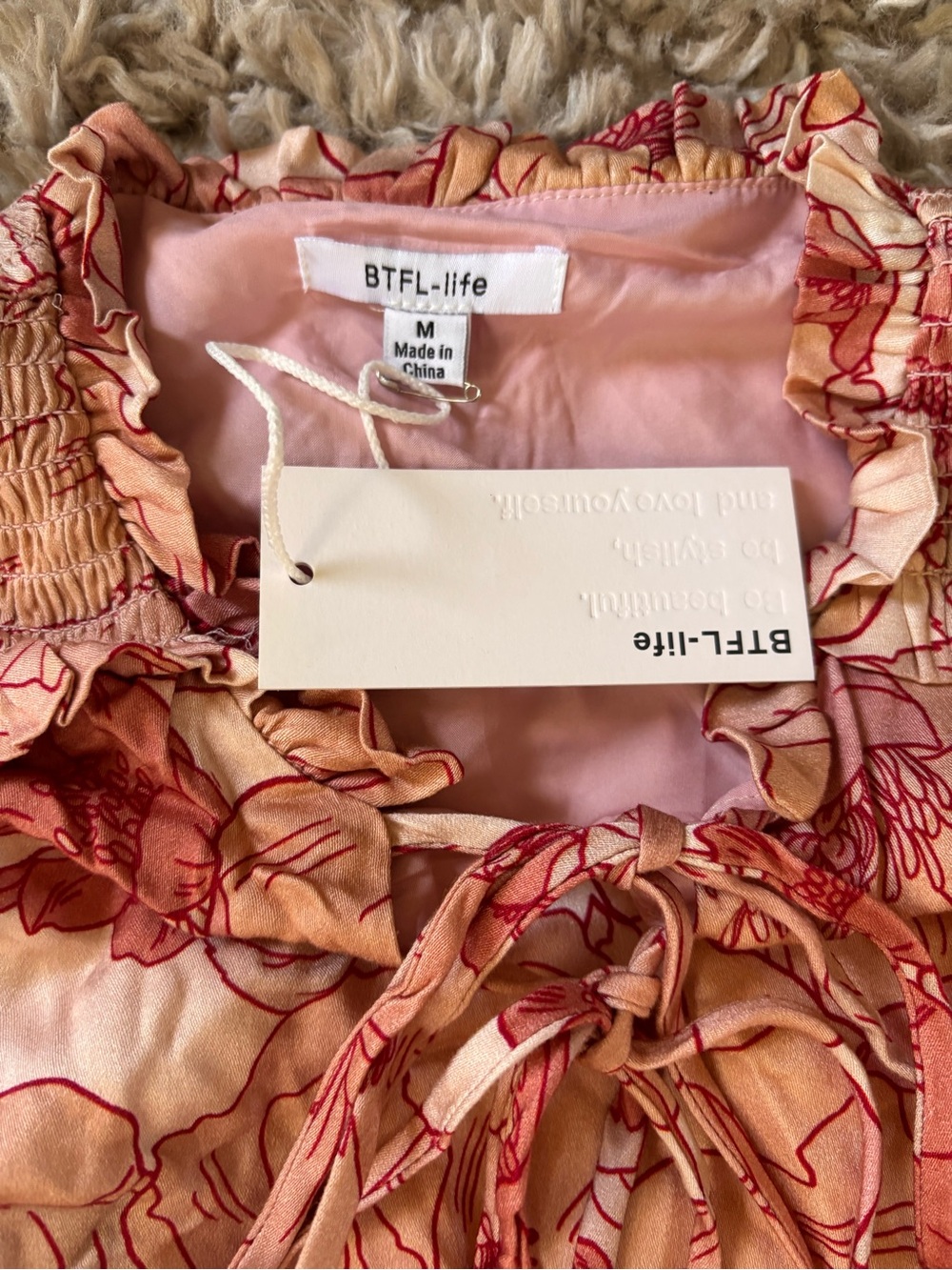 Floral Peach Tie-Front Long-Sleeve Blouse - Picture 5 of 7